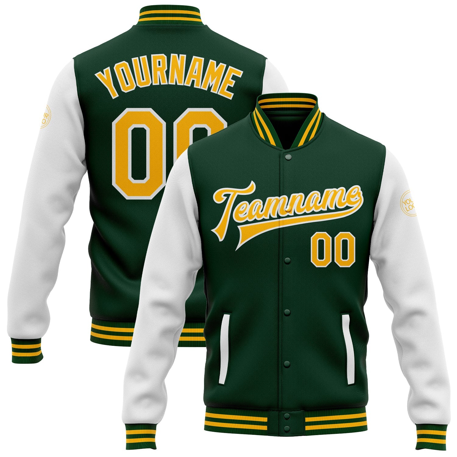 Custom Green Gold-White Bomber Full-Snap Varsity Letterman Two Tone Jacket