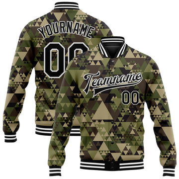 Custom Camo Black-White Geometric Camouflage 3D Bomber Full-Snap Varsity Letterman Salute To Service Jacket