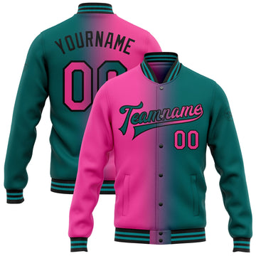 Custom Teal Pink-Black Bomber Full-Snap Varsity Letterman Gradient Fashion Jacket