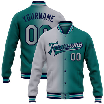 Custom Teal Gray-Navy Bomber Full-Snap Varsity Letterman Gradient Fashion Jacket