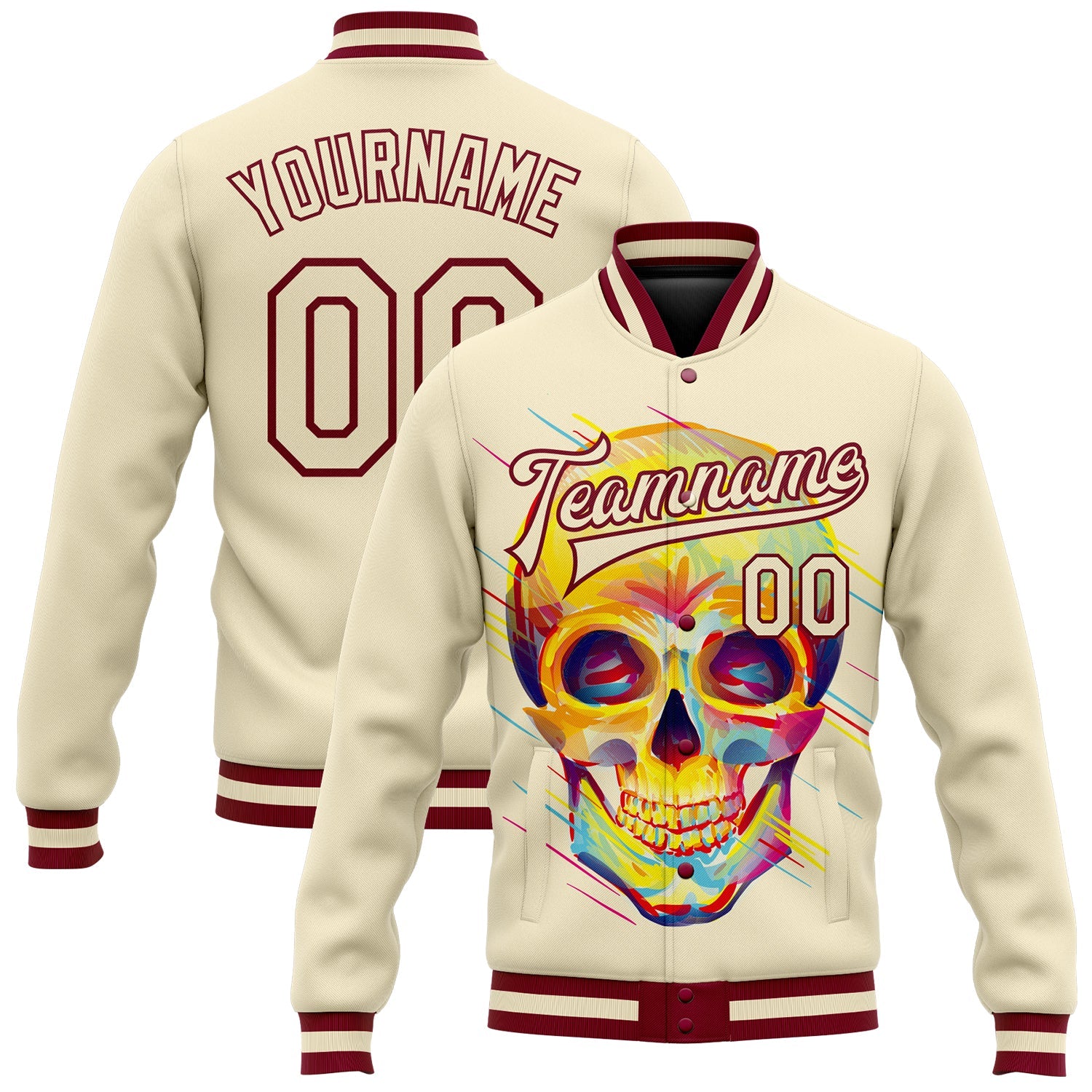 Custom Cream Maroon Skull Fashion 3D Bomber Full-Snap Varsity Letterman Jacket