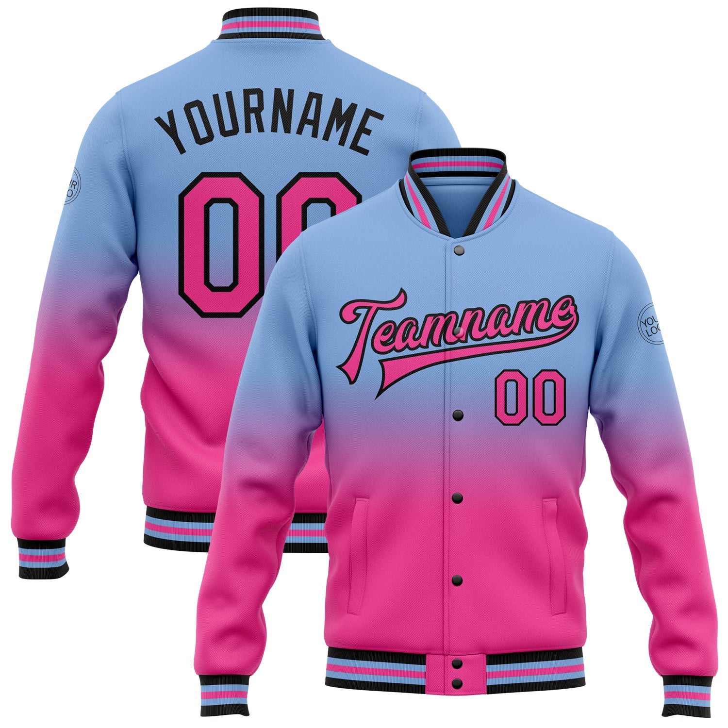 Custom Light Blue Pink-Black Bomber Full-Snap Varsity Letterman Fade Fashion Jacket