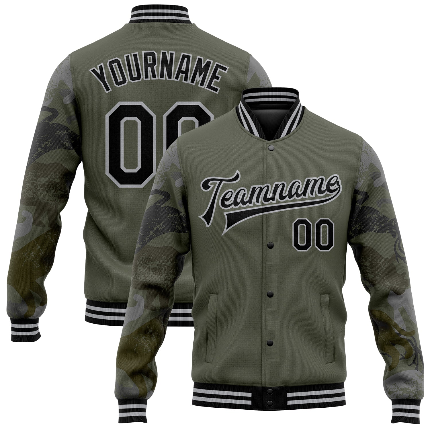 Custom Olive Black-Gray Animal Camo Sleeves 3D Pattern Design Bomber Full-Snap Varsity Letterman Salute To Service Jacket