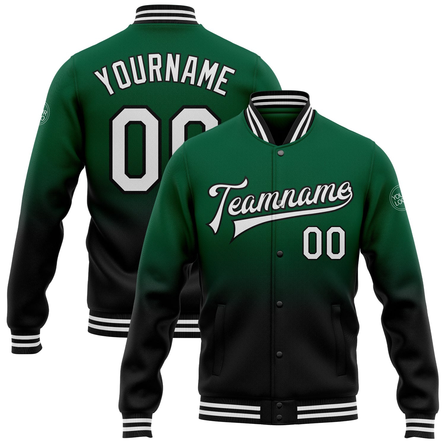 Custom Kelly Green White-Black Bomber Full-Snap Varsity Letterman Fade Fashion Jacket