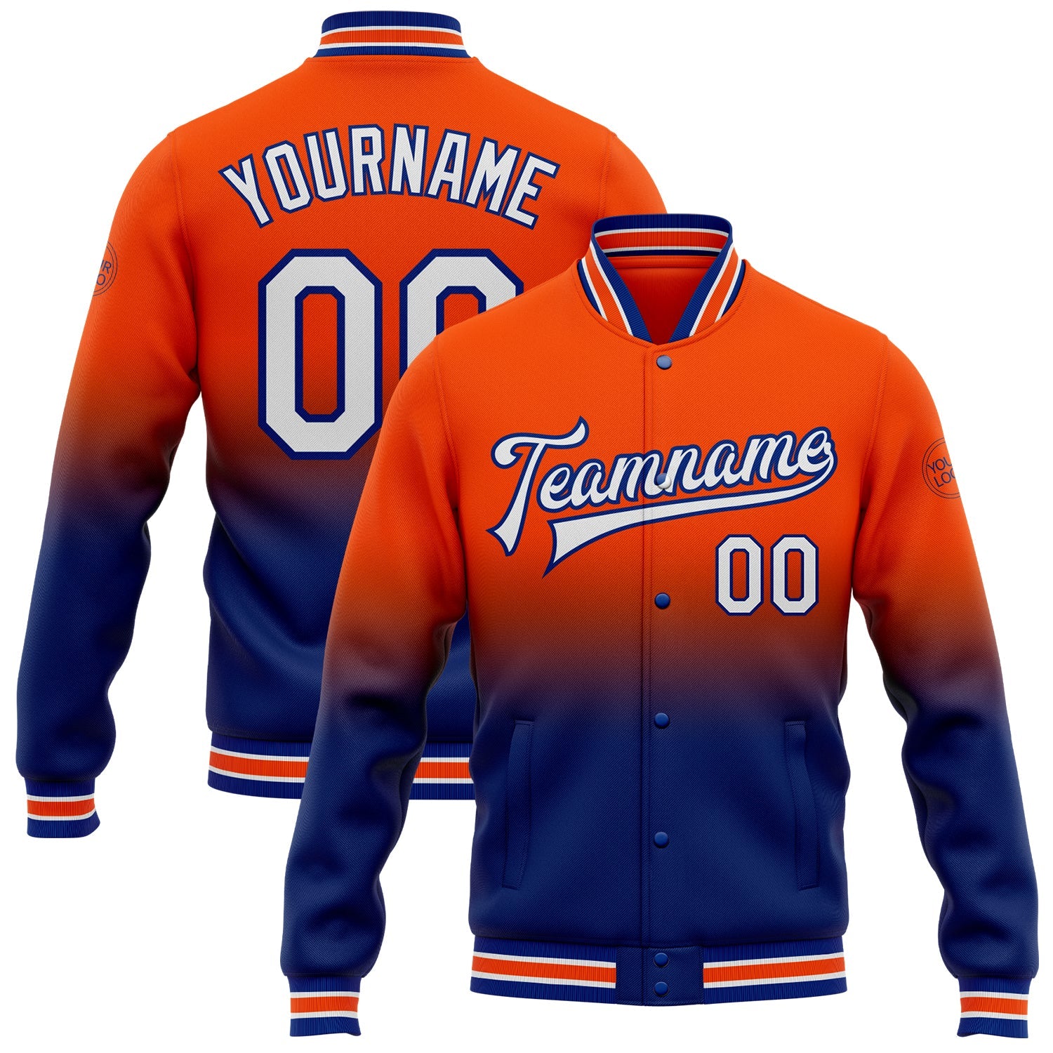 Custom Orange White-Royal Bomber Full-Snap Varsity Letterman Fade Fashion Jacket