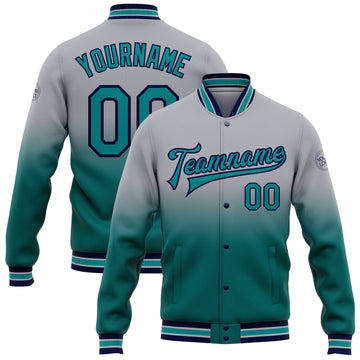 Custom Gray Teal-Navy Bomber Full-Snap Varsity Letterman Fade Fashion Jacket