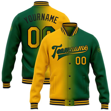 Custom Kelly Green Gold-Black Bomber Full-Snap Varsity Letterman Gradient Fashion Jacket