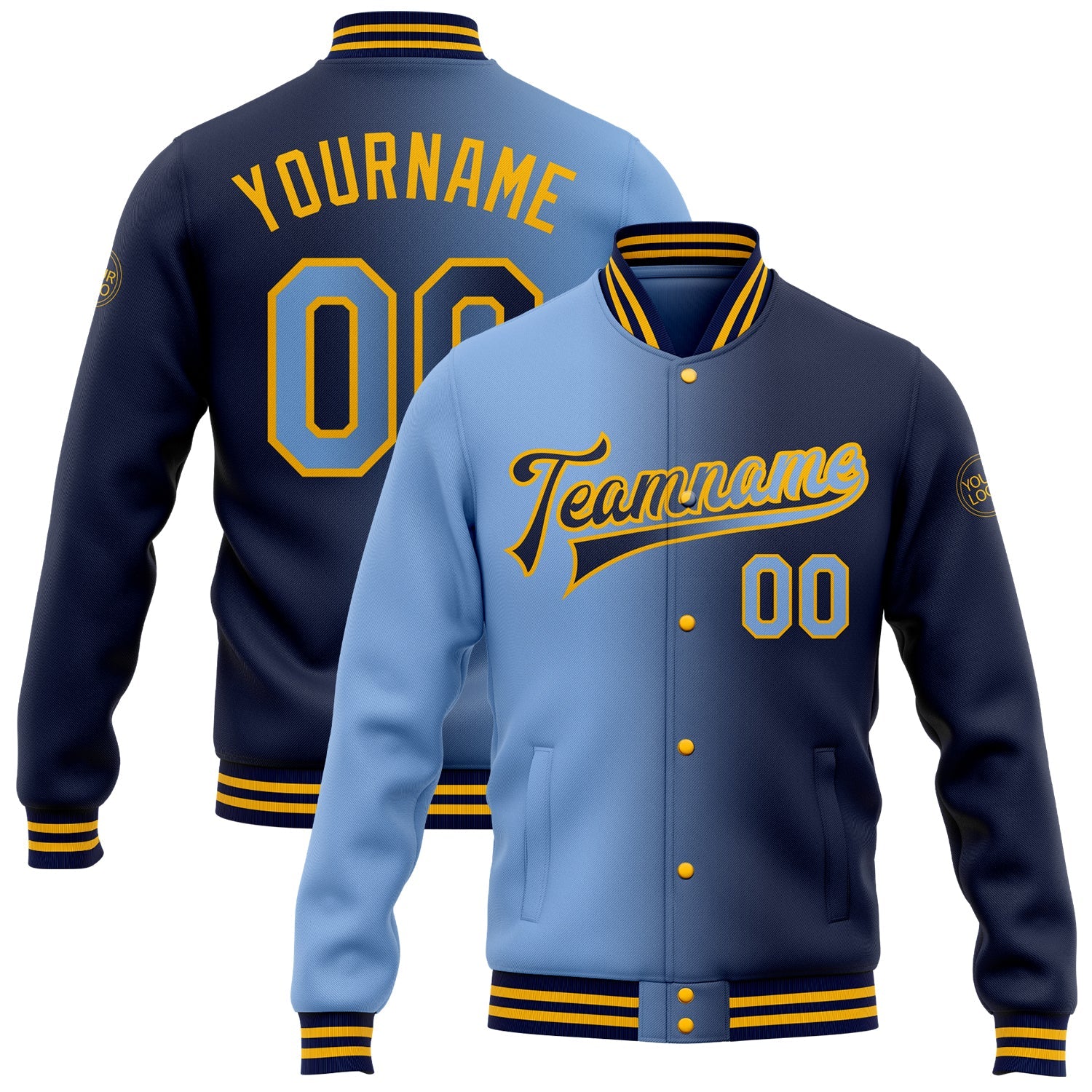 Custom Navy Light Blue-Gold Bomber Full-Snap Varsity Letterman Gradient Fashion Jacket