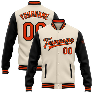 Custom Cream Orange-Black Bomber Full-Snap Varsity Letterman Two Tone Jacket