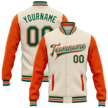 Custom Cream Kelly Green-Orange Bomber Full-Snap Varsity Letterman Two Tone Jacket