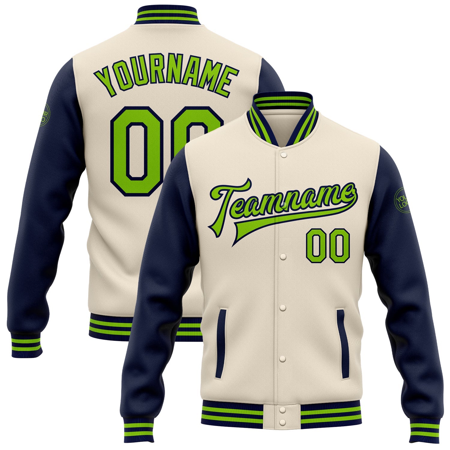 Custom Cream Neon Green-Navy Bomber Full-Snap Varsity Letterman Two Tone Jacket