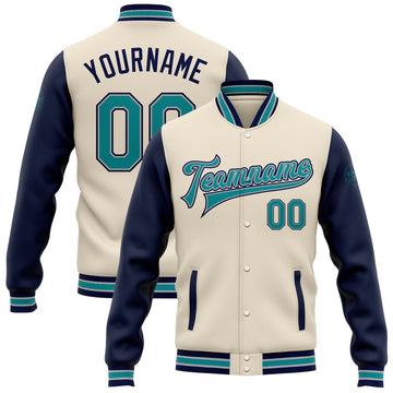 Custom Cream Teal Navy-Gray Bomber Full-Snap Varsity Letterman Two Tone Jacket