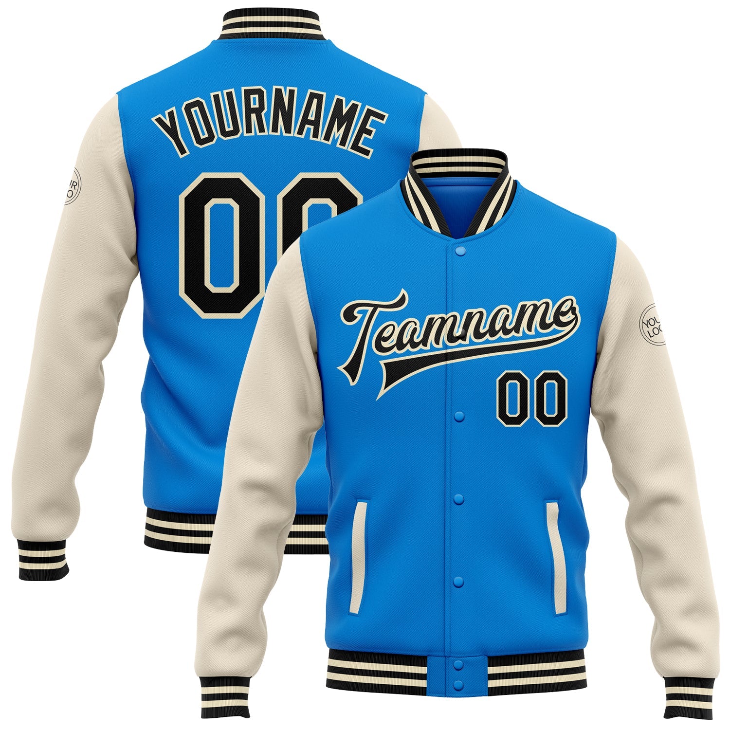 Custom Electric Blue Black-Cream Bomber Full-Snap Varsity Letterman Two Tone Jacket