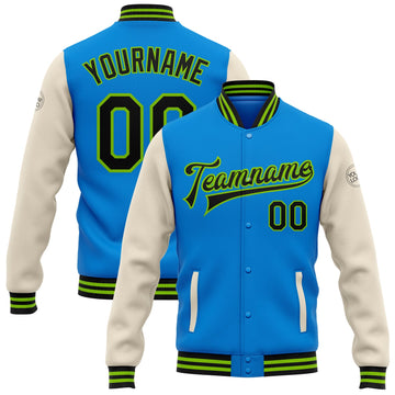 Custom Electric Blue Black Cream-Neon Green Bomber Full-Snap Varsity Letterman Two Tone Jacket