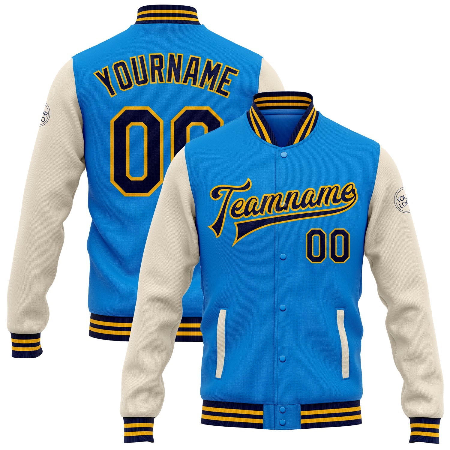 Custom Electric Blue Navy Cream-Gold Bomber Full-Snap Varsity Letterman Two Tone Jacket