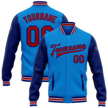 Custom Electric Blue Red-Royal Bomber Full-Snap Varsity Letterman Two Tone Jacket