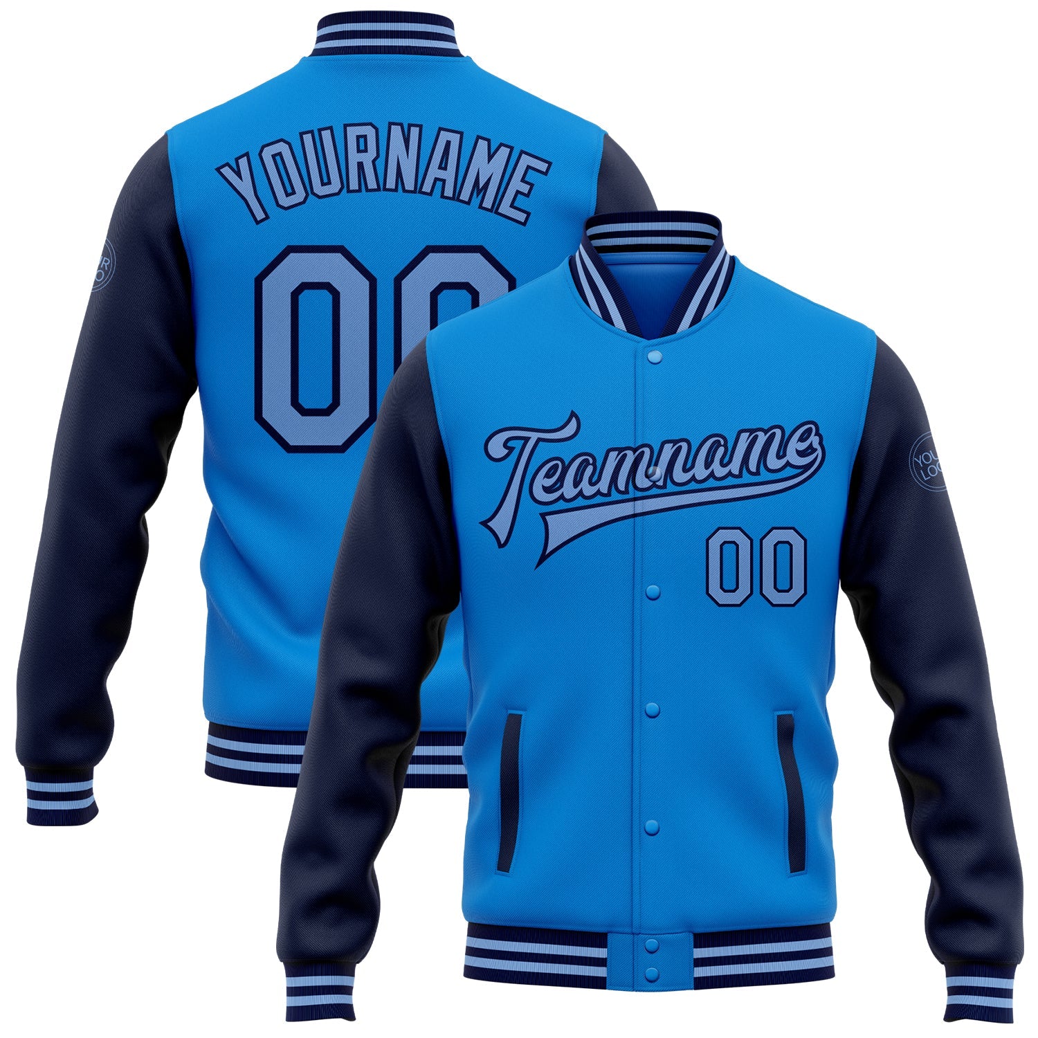 Custom Electric Blue Light Blue-Navy Bomber Full-Snap Varsity Letterman Two Tone Jacket