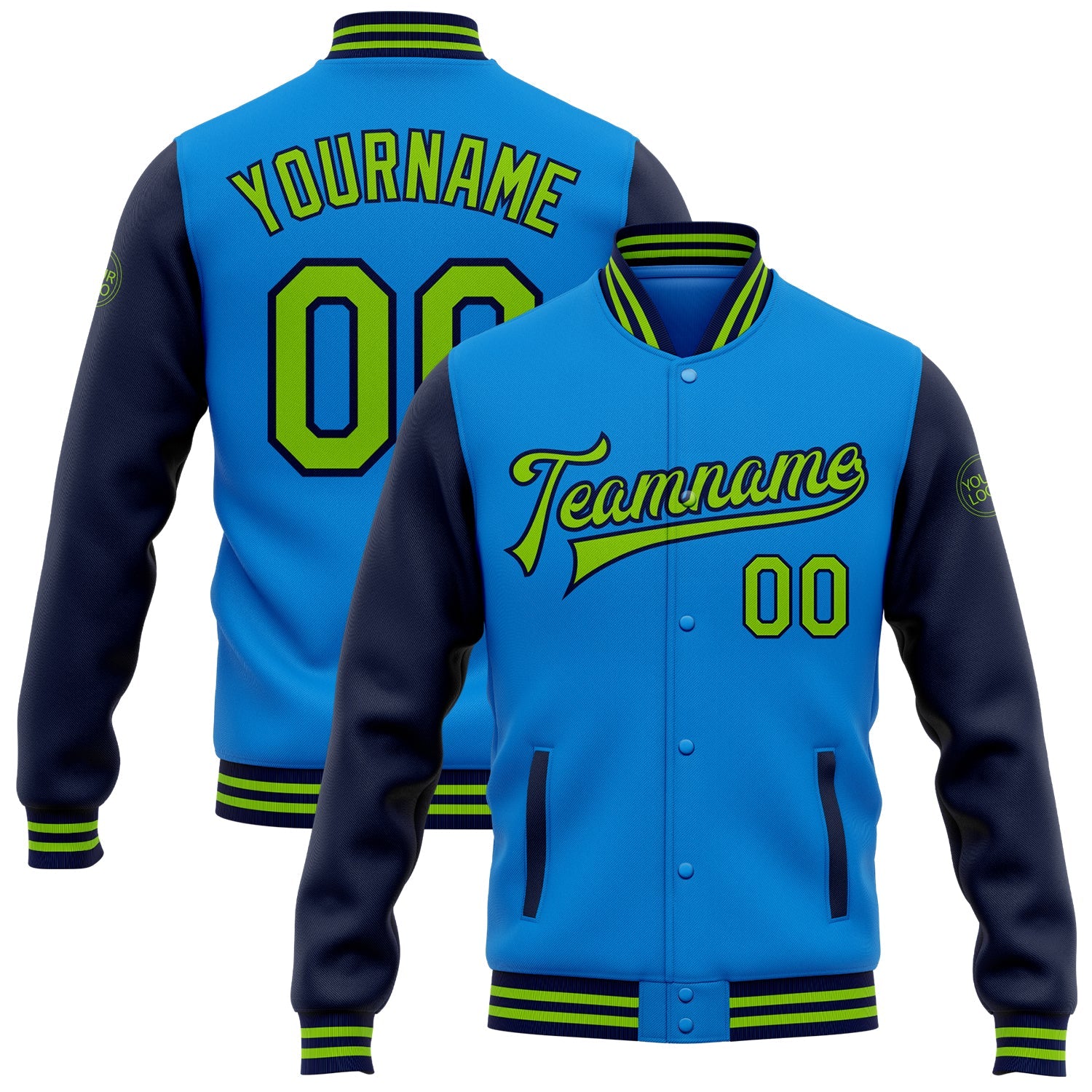 Custom Electric Blue Neon Green-Navy Bomber Full-Snap Varsity Letterman Two Tone Jacket