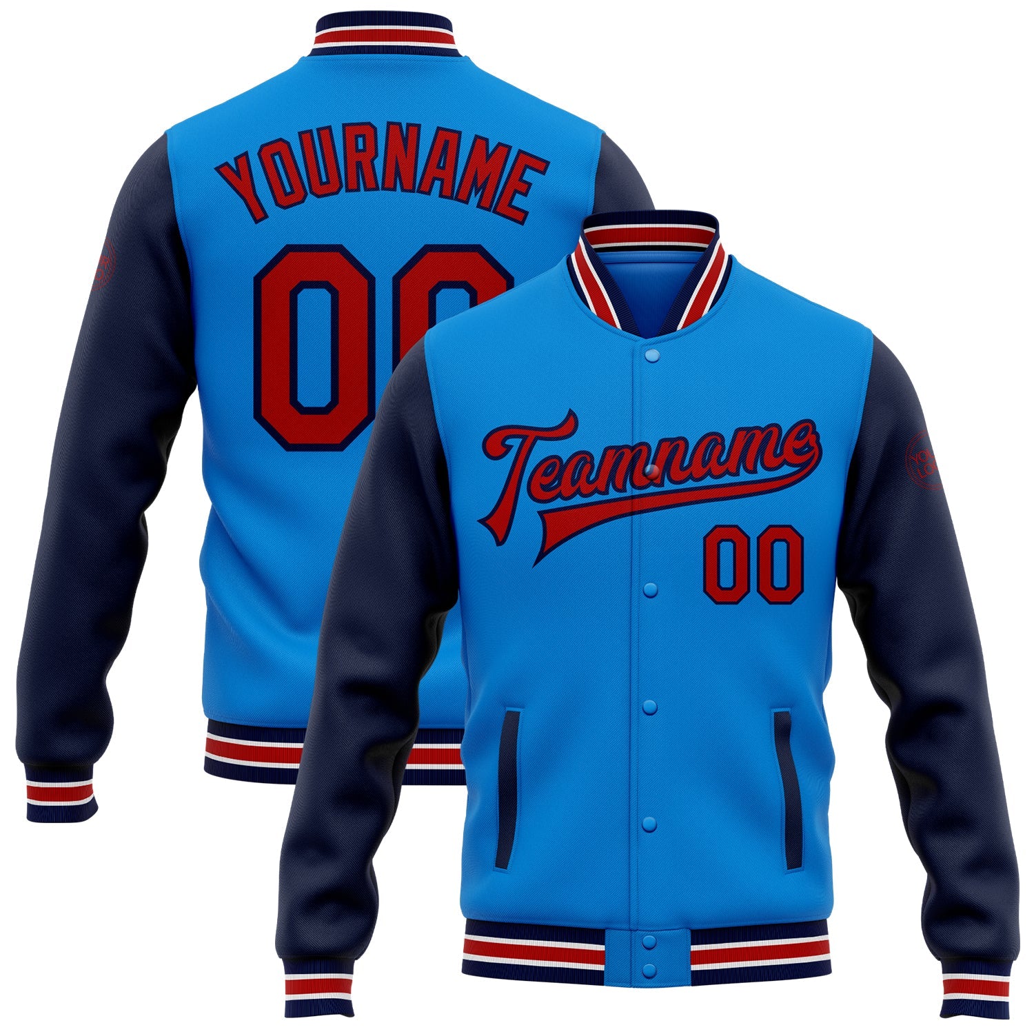 Custom Electric Blue Red-Navy Bomber Full-Snap Varsity Letterman Two Tone Jacket