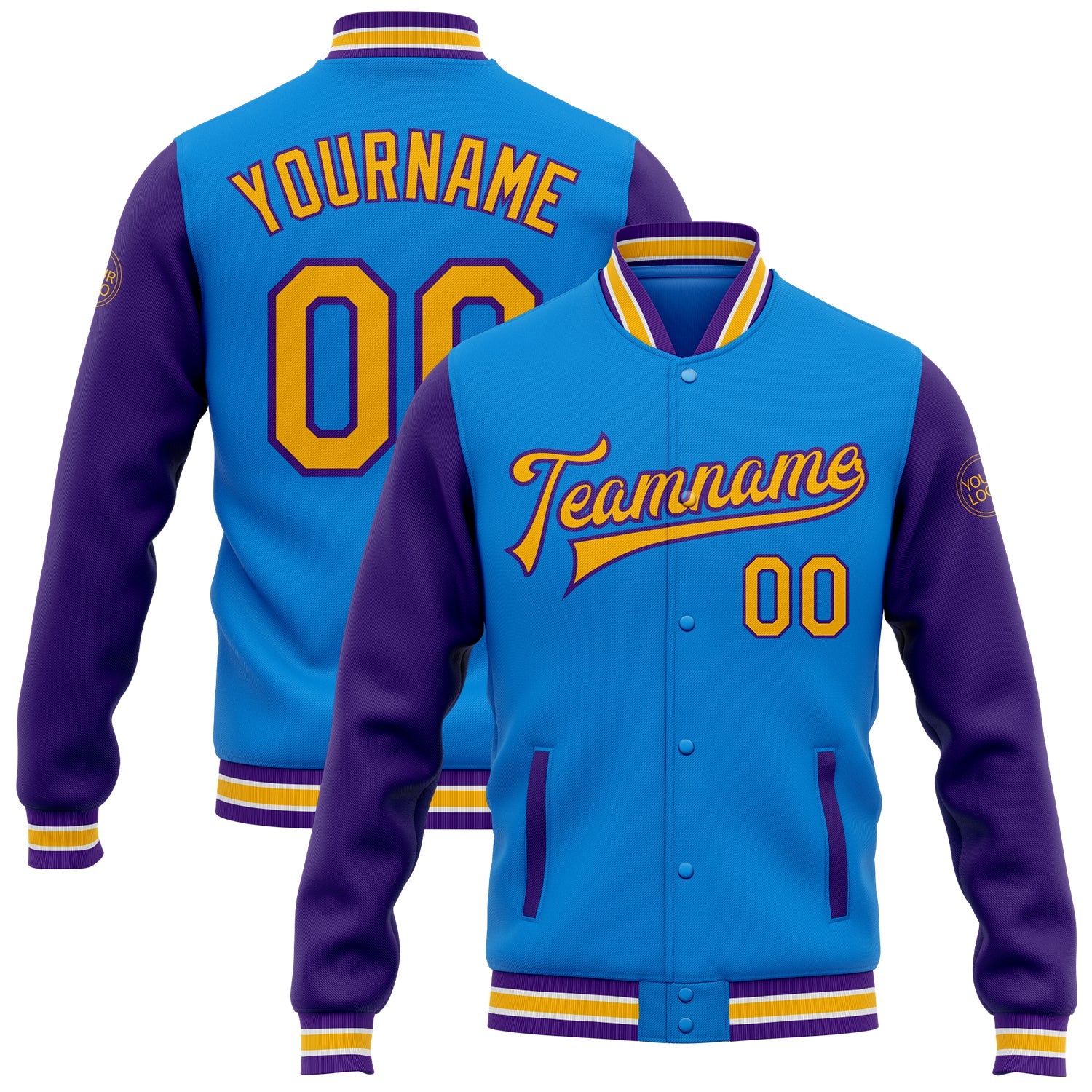 Custom Electric Blue Gold-Purple Bomber Full-Snap Varsity Letterman Two Tone Jacket