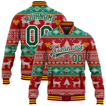 Custom Red Kelly Green-White Christmas Reindeers 3D Bomber Full-Snap Varsity Letterman Jacket