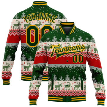 Custom Green Gold Christmas Reindeers 3D Bomber Full-Snap Varsity Letterman Jacket