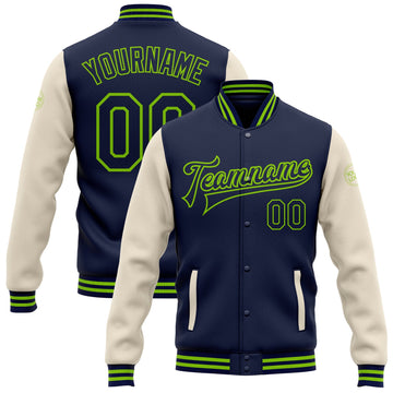 Custom Navy Cream-Neon Green Bomber Full-Snap Varsity Letterman Two Tone Jacket