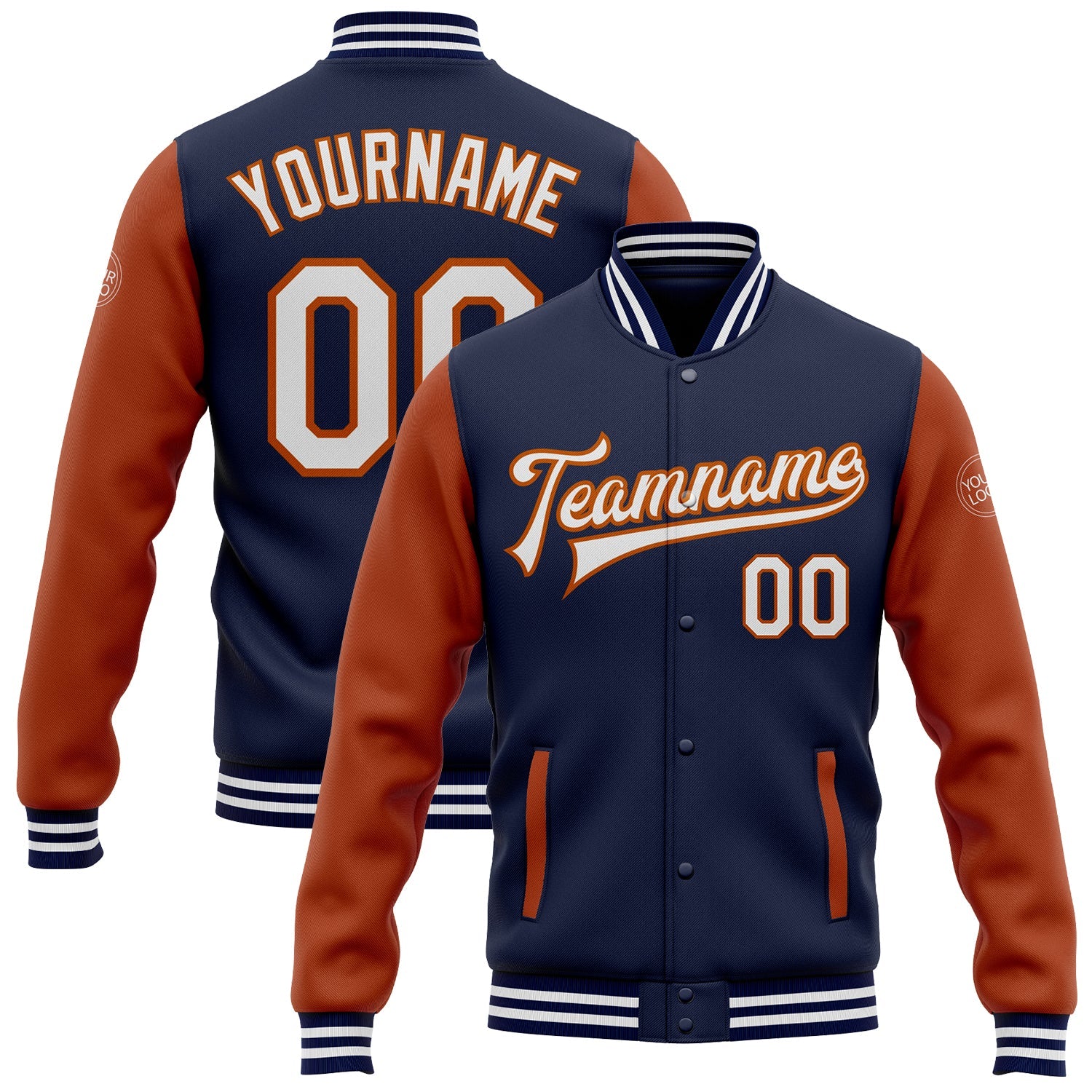 Custom Navy White-Texas Orange Bomber Full-Snap Varsity Letterman Two Tone Jacket