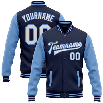 Custom Navy White-Light Blue Bomber Full-Snap Varsity Letterman Two Tone Jacket