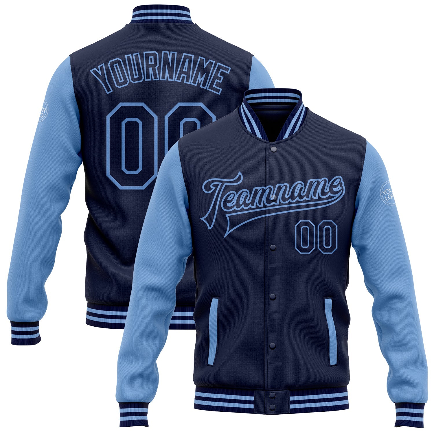 Custom Navy Light Blue Bomber Full-Snap Varsity Letterman Two Tone Jacket