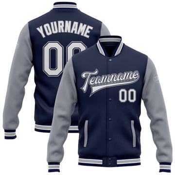 Custom Navy White-Gray Bomber Full-Snap Varsity Letterman Two Tone Jacket