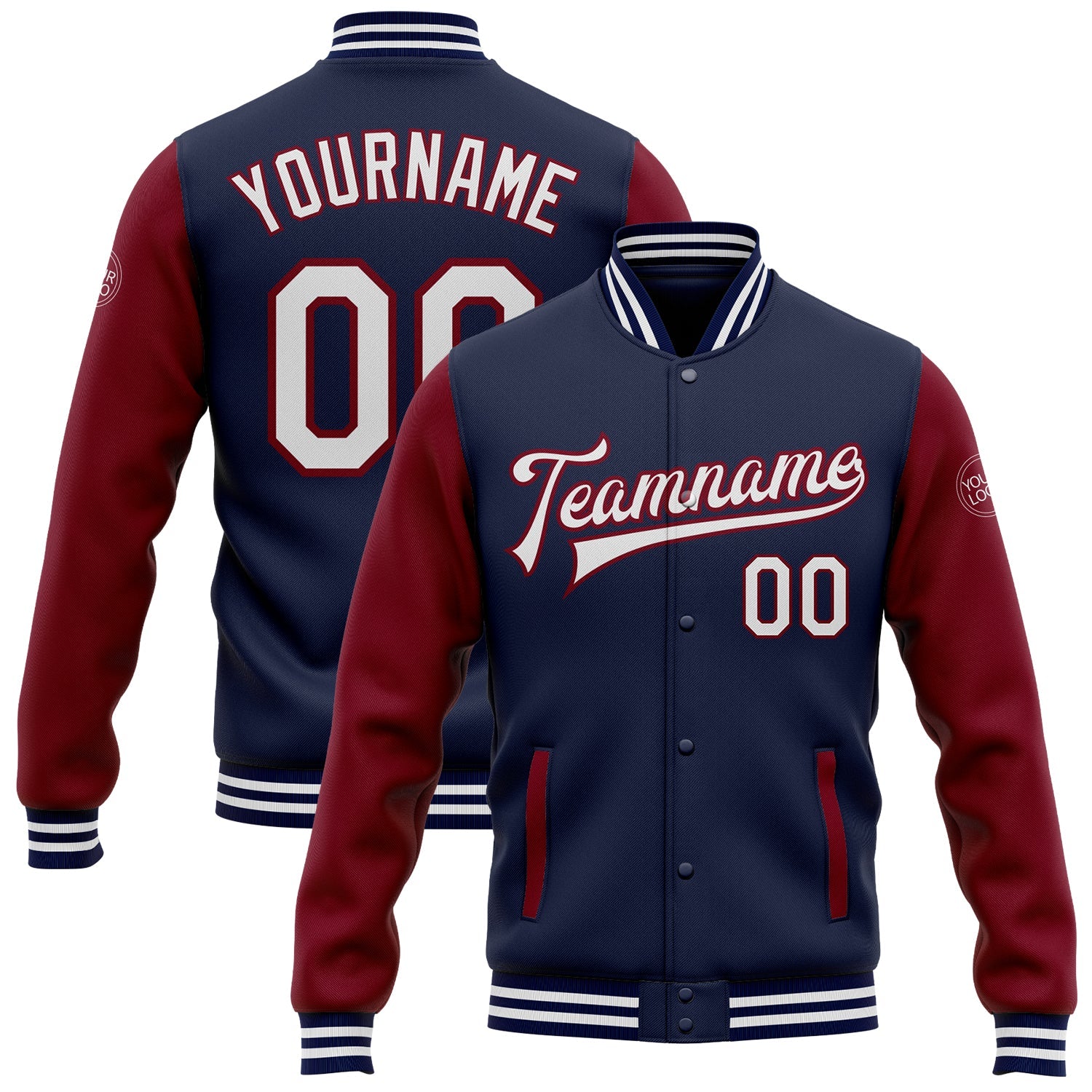 Custom Navy White-Crimson Bomber Full-Snap Varsity Letterman Two Tone Jacket