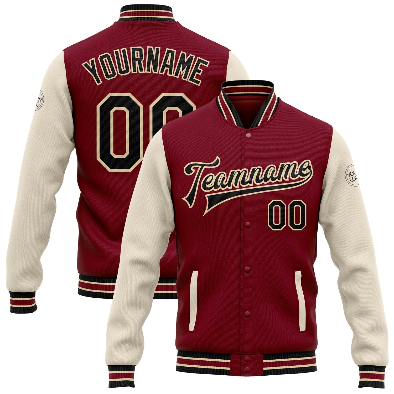 Custom Crimson Black Cream-City Cream Bomber Full-Snap Varsity Letterman Two Tone Jacket