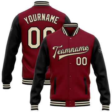 Custom Crimson Cream-Black Bomber Full-Snap Varsity Letterman Two Tone Jacket