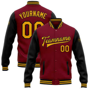 Custom Crimson Gold-Black Bomber Full-Snap Varsity Letterman Two Tone Jacket