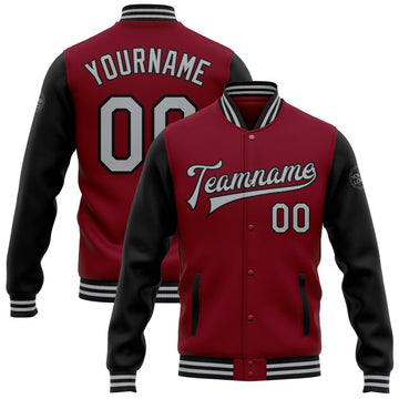 Custom Crimson Gray-Black Bomber Full-Snap Varsity Letterman Two Tone Jacket