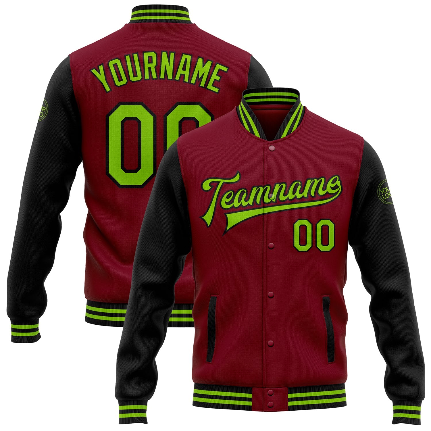 Custom Crimson Neon Green-Black Bomber Full-Snap Varsity Letterman Two Tone Jacket