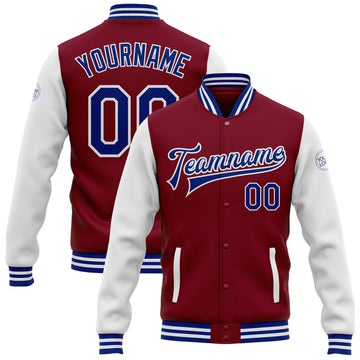 Custom Crimson Royal-White Bomber Full-Snap Varsity Letterman Two Tone Jacket