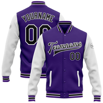 Custom Purple Black-White Bomber Full-Snap Varsity Letterman Two Tone Jacket