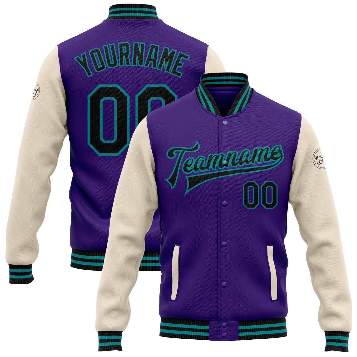 Custom Purple Black Cream-Teal Bomber Full-Snap Varsity Letterman Two Tone Jacket