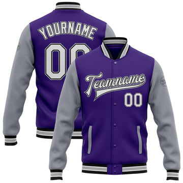 Custom Purple White Gray-Black Bomber Full-Snap Varsity Letterman Two Tone Jacket