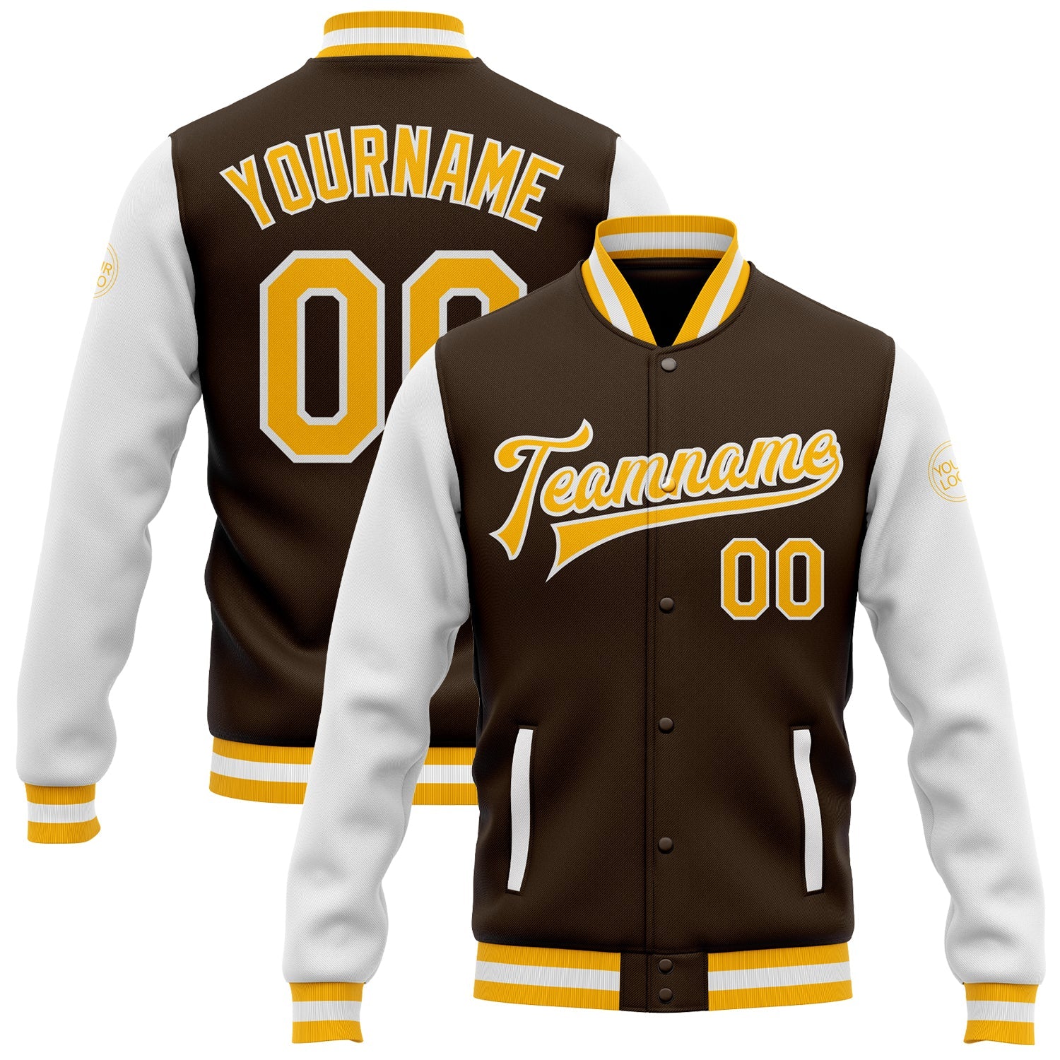 Custom Brown Gold-White Bomber Full-Snap Varsity Letterman Two Tone Jacket