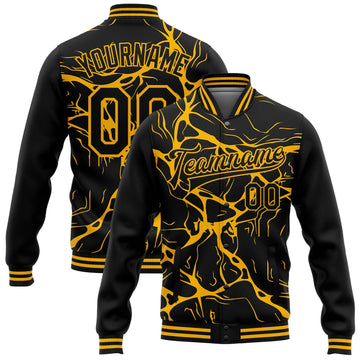 Custom Black Gold Abstract Network 3D Pattern Design Bomber Full-Snap Varsity Letterman Jacket