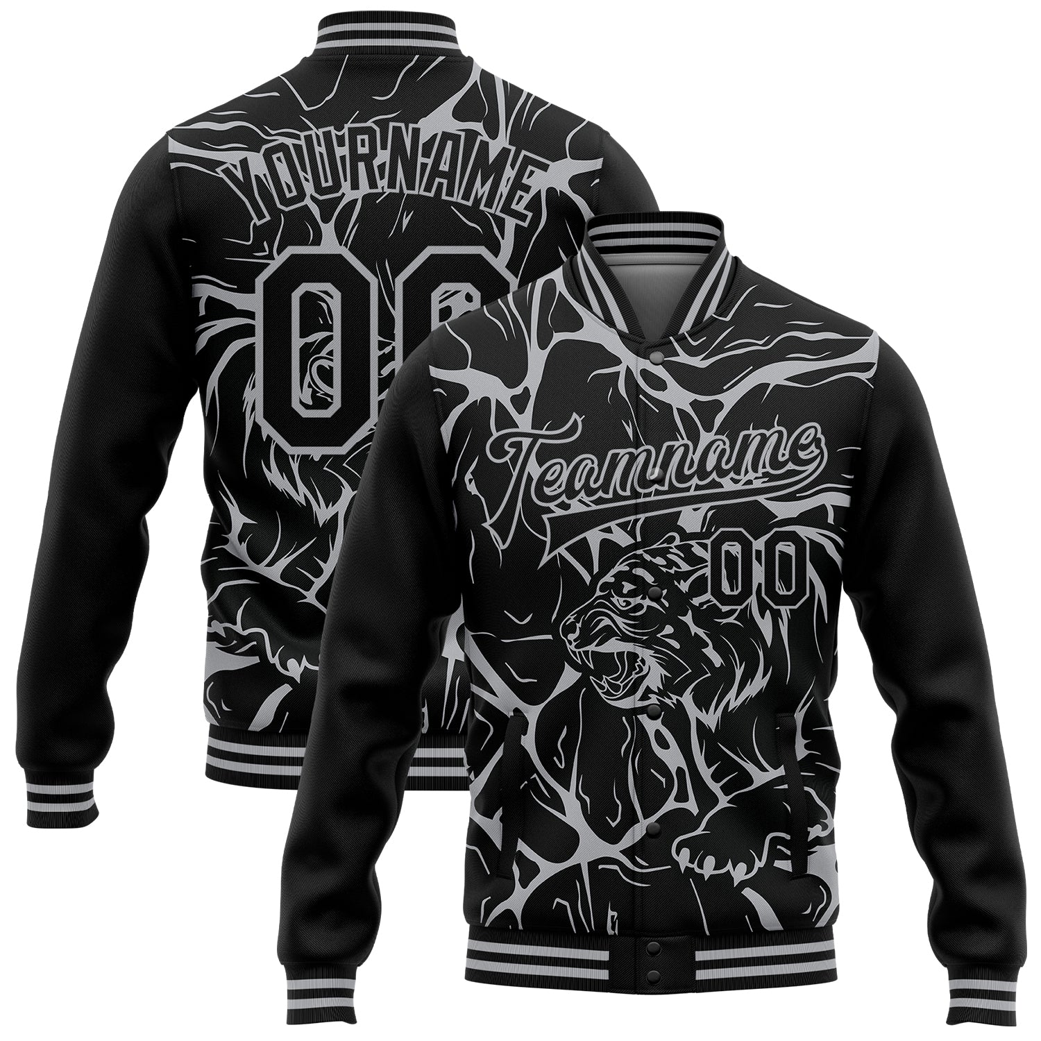 Custom Black Gray Abstract Network And Tiger 3D Pattern Design Bomber Full-Snap Varsity Letterman Jacket