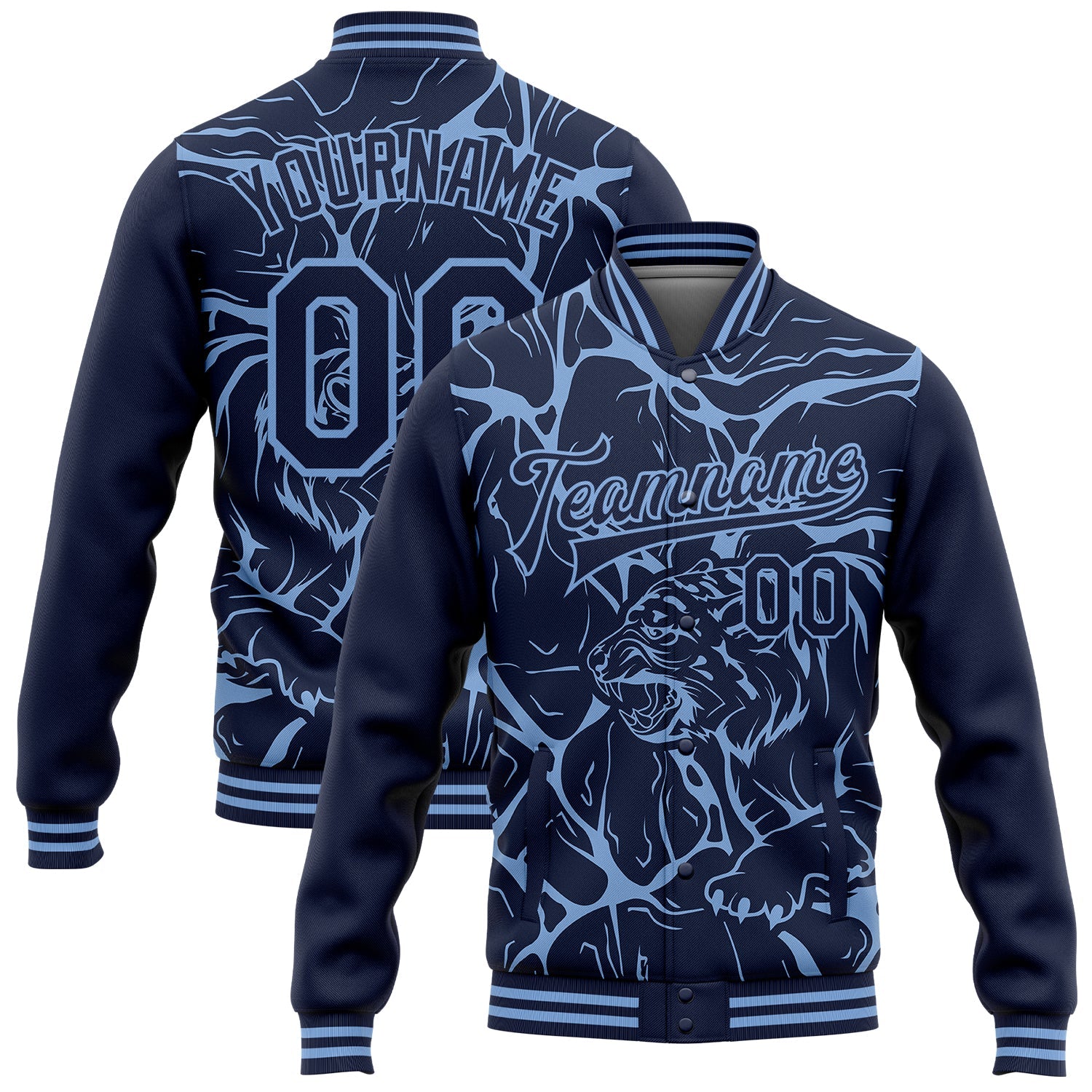 Custom Navy Light Blue Abstract Network And Tiger 3D Pattern Design Bomber Full-Snap Varsity Letterman Jacket