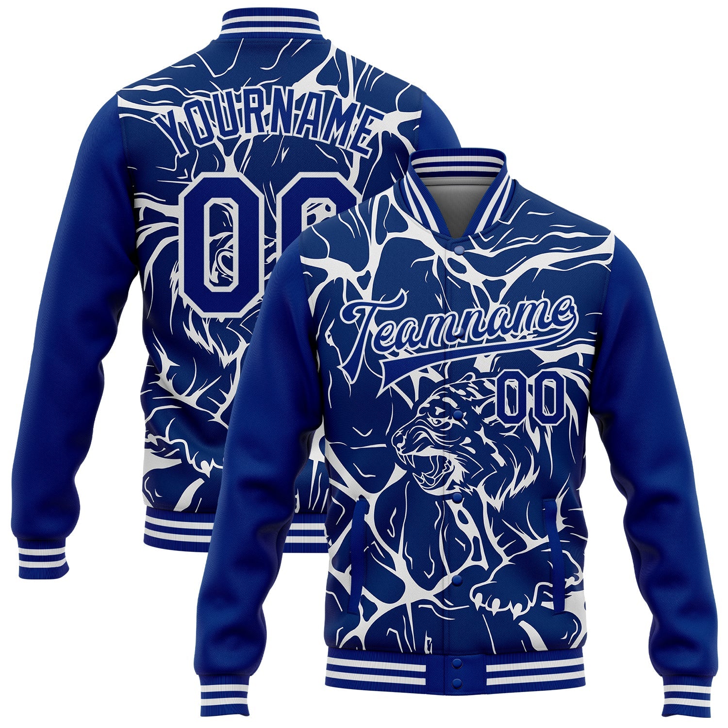 Custom Royal White Abstract Network And Tiger 3D Pattern Design Bomber Full-Snap Varsity Letterman Jacket