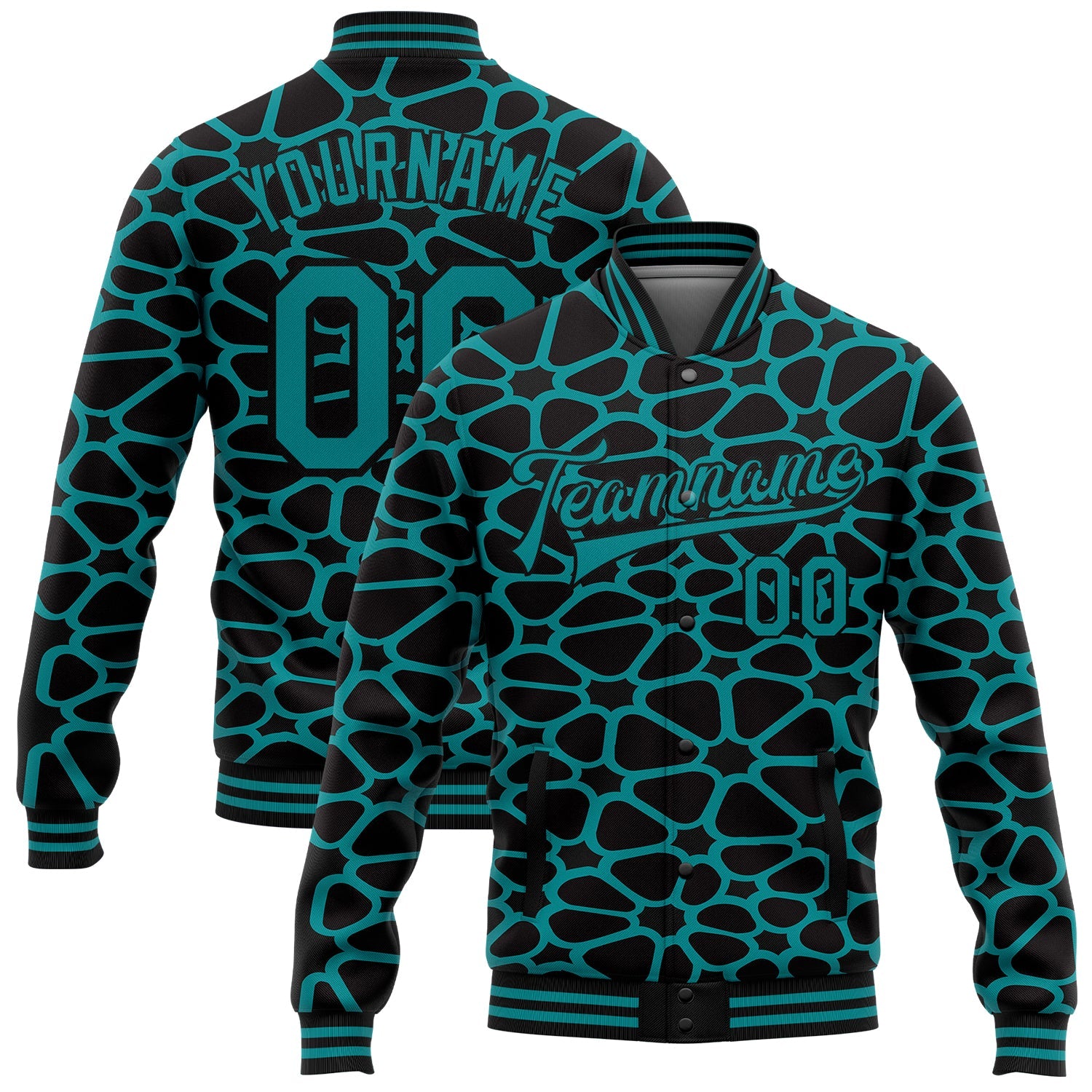 Custom Black Teal Spotted 3D Pattern Design Bomber Full-Snap Varsity Letterman Jacket