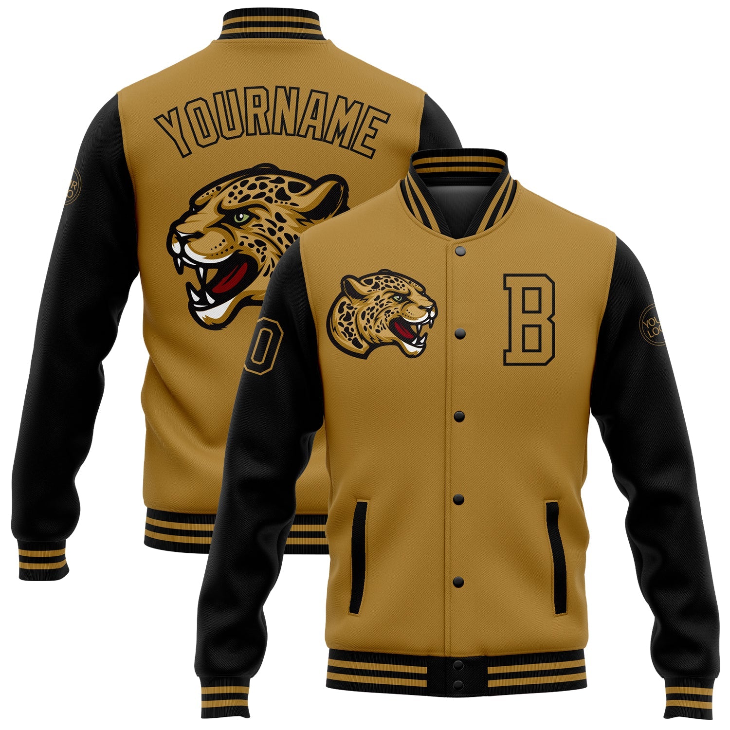 Custom Old Gold Black 3D Pattern Design Bomber Full-Snap Varsity Letterman Jacket