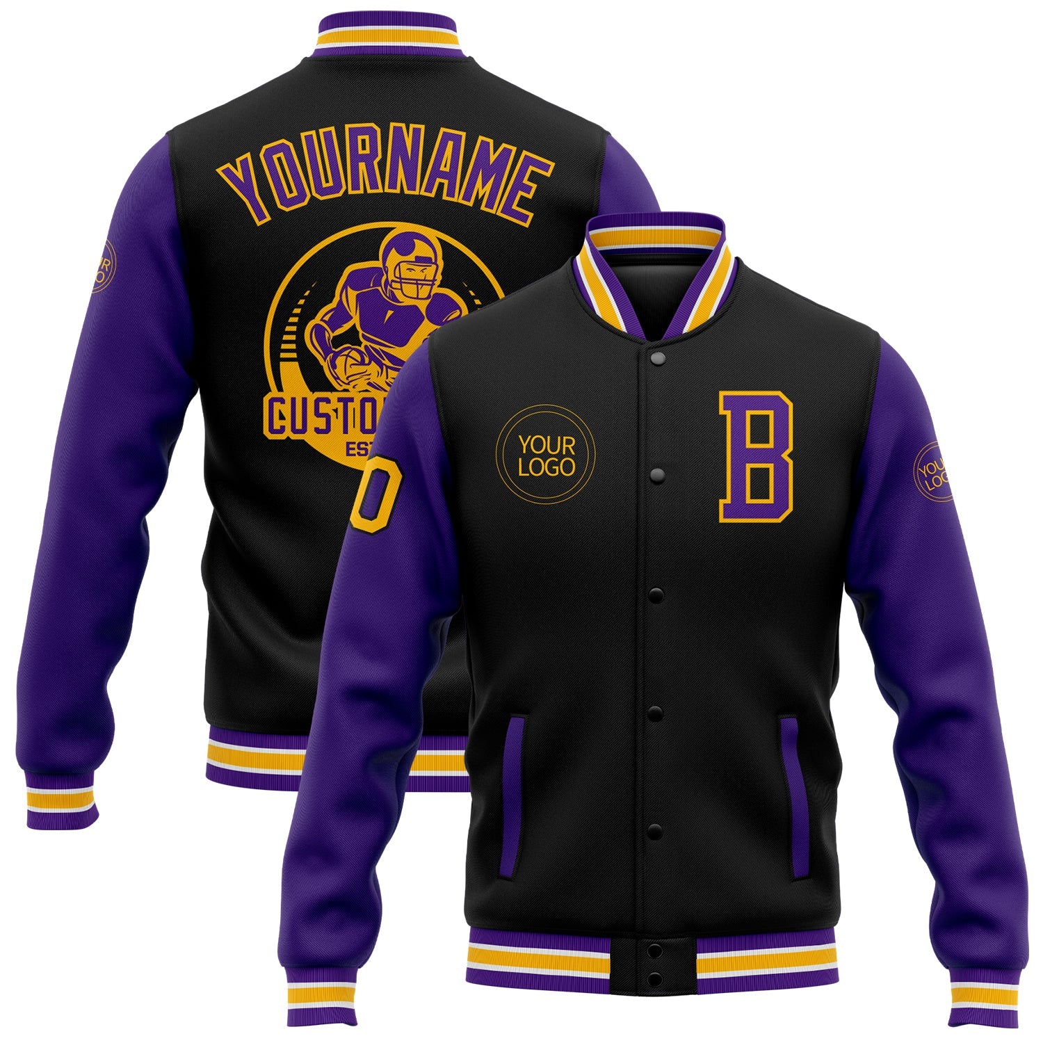 Custom Black Purple-Gold Bomber Full-Snap Varsity Letterman Two Tone Jacket