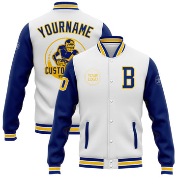 Custom White Royal-Yellow Bomber Full-Snap Varsity Letterman Two Tone Jacket